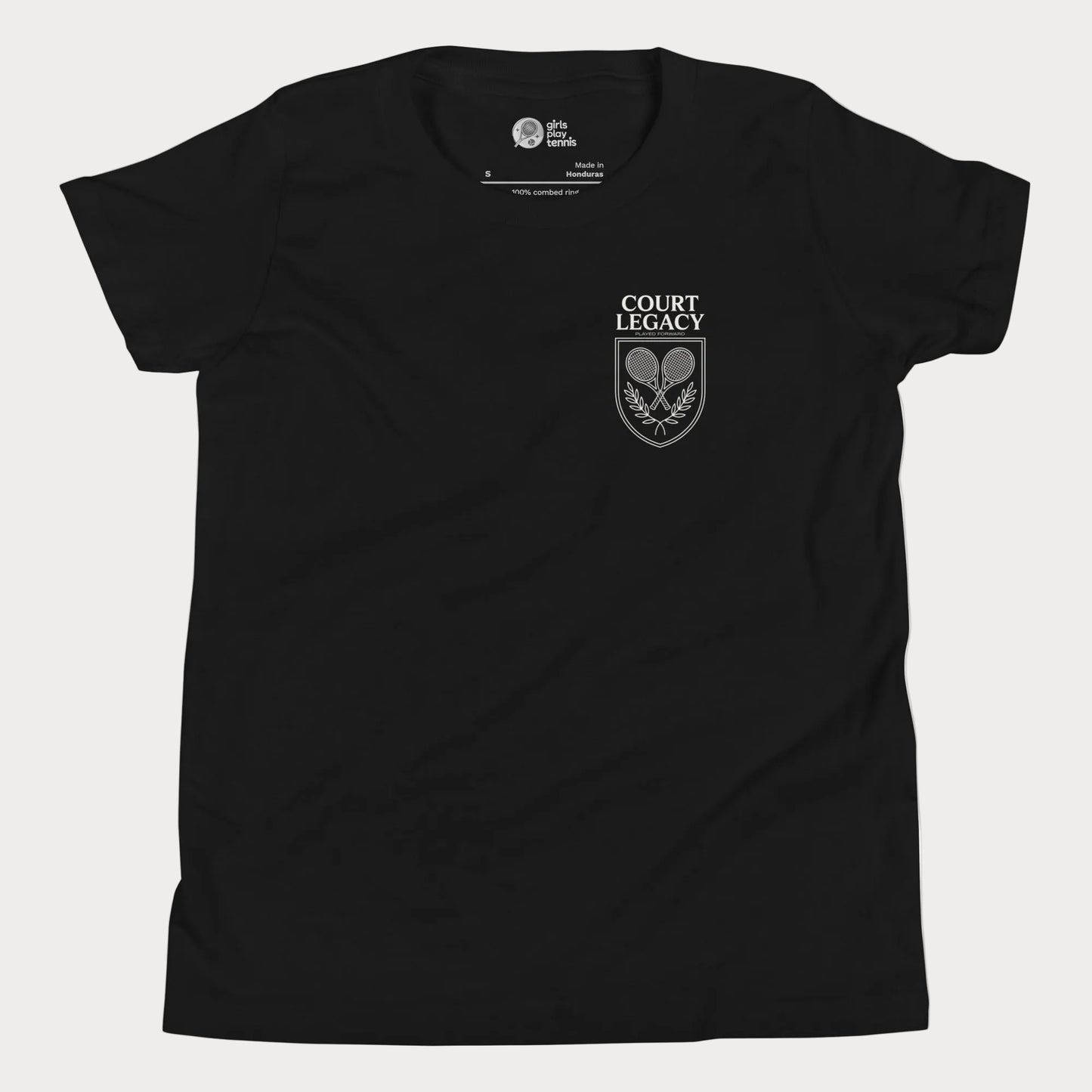Court Legacy tennis t-shirt for girls and women in black with green crest logo, premium minimalist tennis apparel
