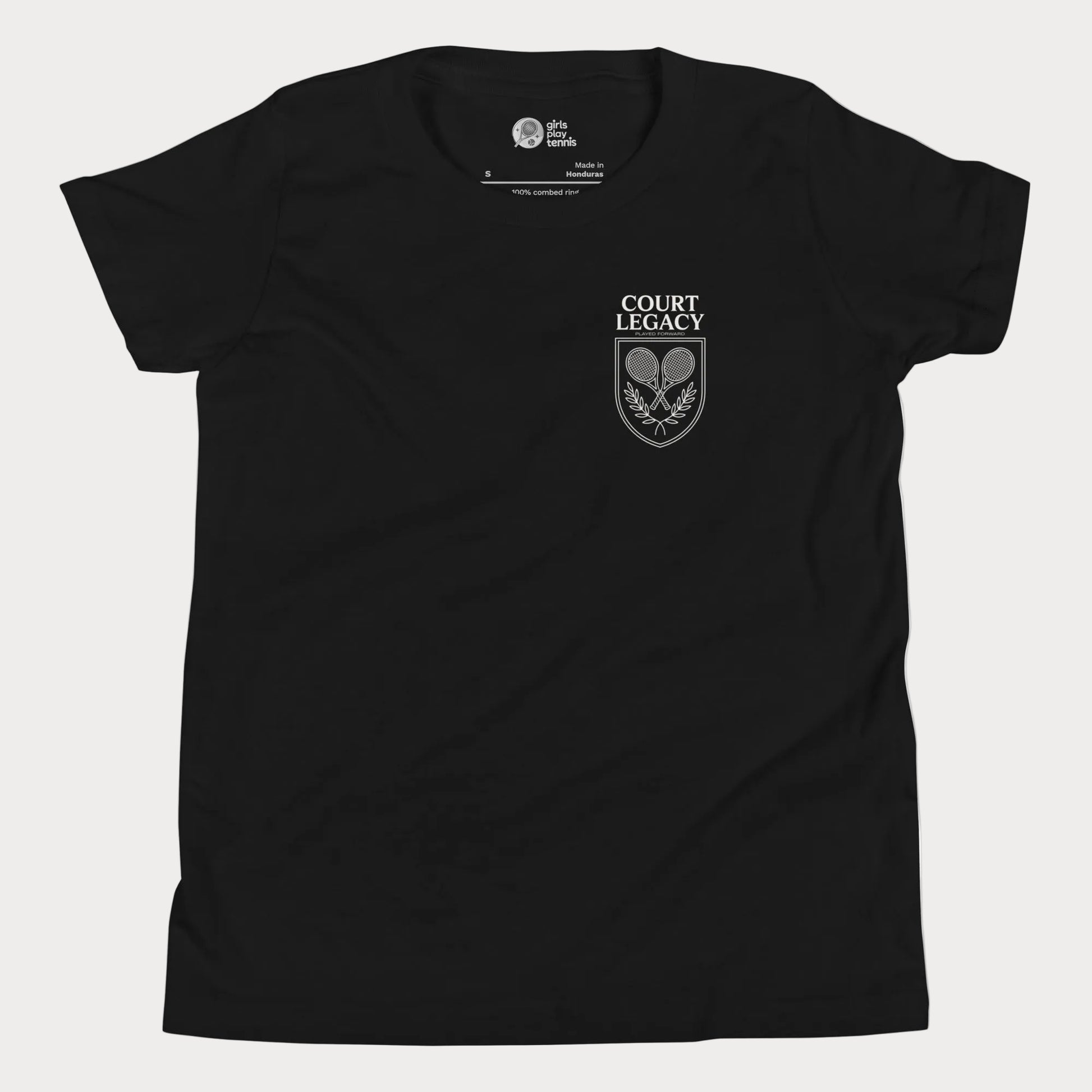 Court Legacy tennis t-shirt for girls and women in black with green crest logo, premium minimalist tennis apparel
