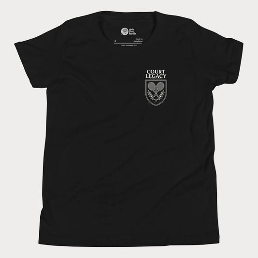Court Legacy tennis t-shirt for girls and women in black with green crest logo, premium minimalist tennis apparel
