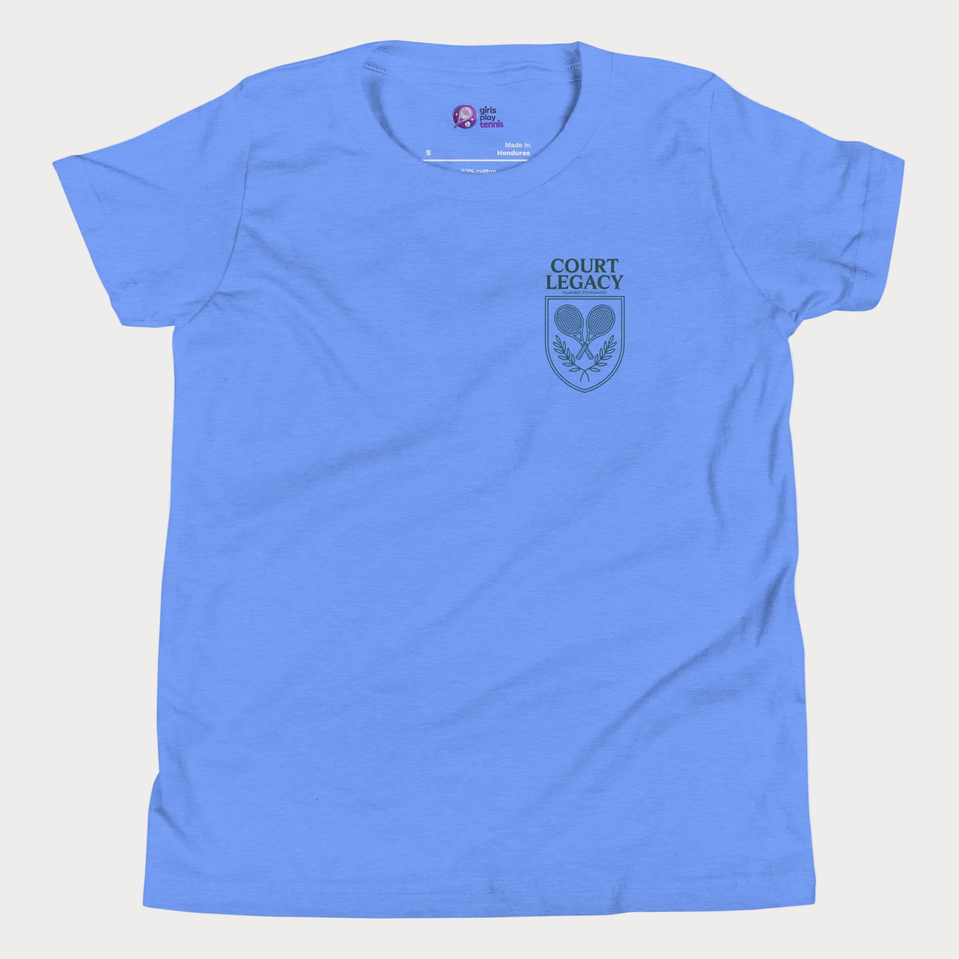Court Legacy tennis t-shirt for girls and women in blue with green crest logo, premium minimalist tennis apparel