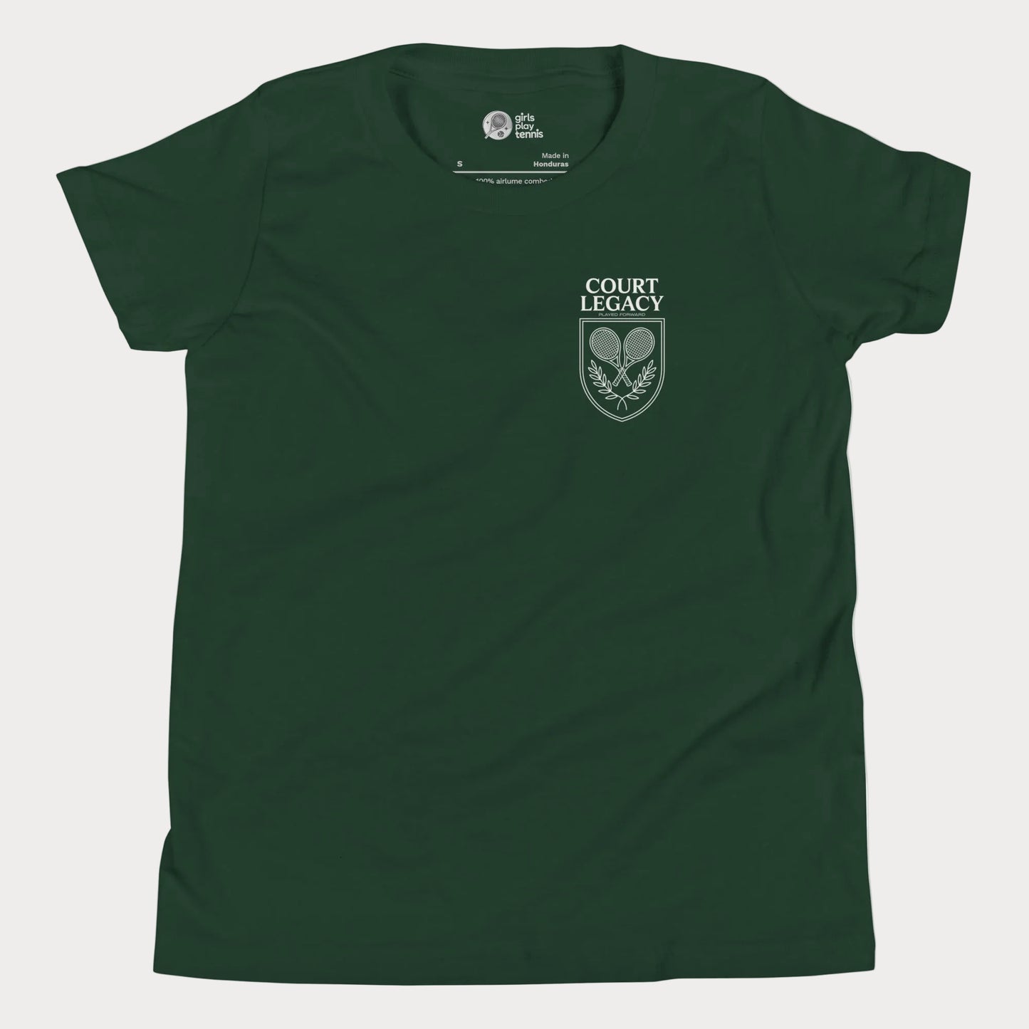 Court Legacy tennis t-shirt for girls and women in forest green with green crest logo, premium minimalist tennis apparel