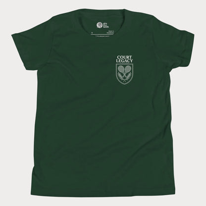 Court Legacy tennis t-shirt for girls and women in forest green with green crest logo, premium minimalist tennis apparel