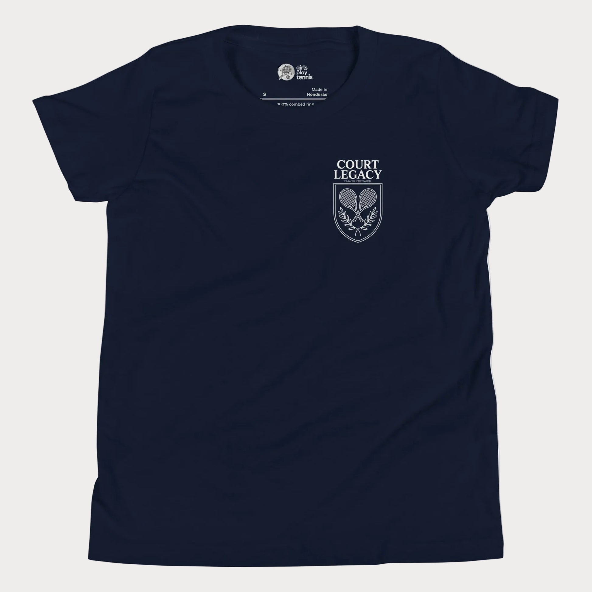 Court Legacy tennis t-shirt for girls and women in navy with green crest logo, premium minimalist tennis apparel