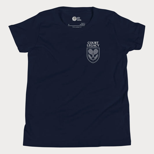 Court Legacy tennis t-shirt for girls and women in navy with green crest logo, premium minimalist tennis apparel