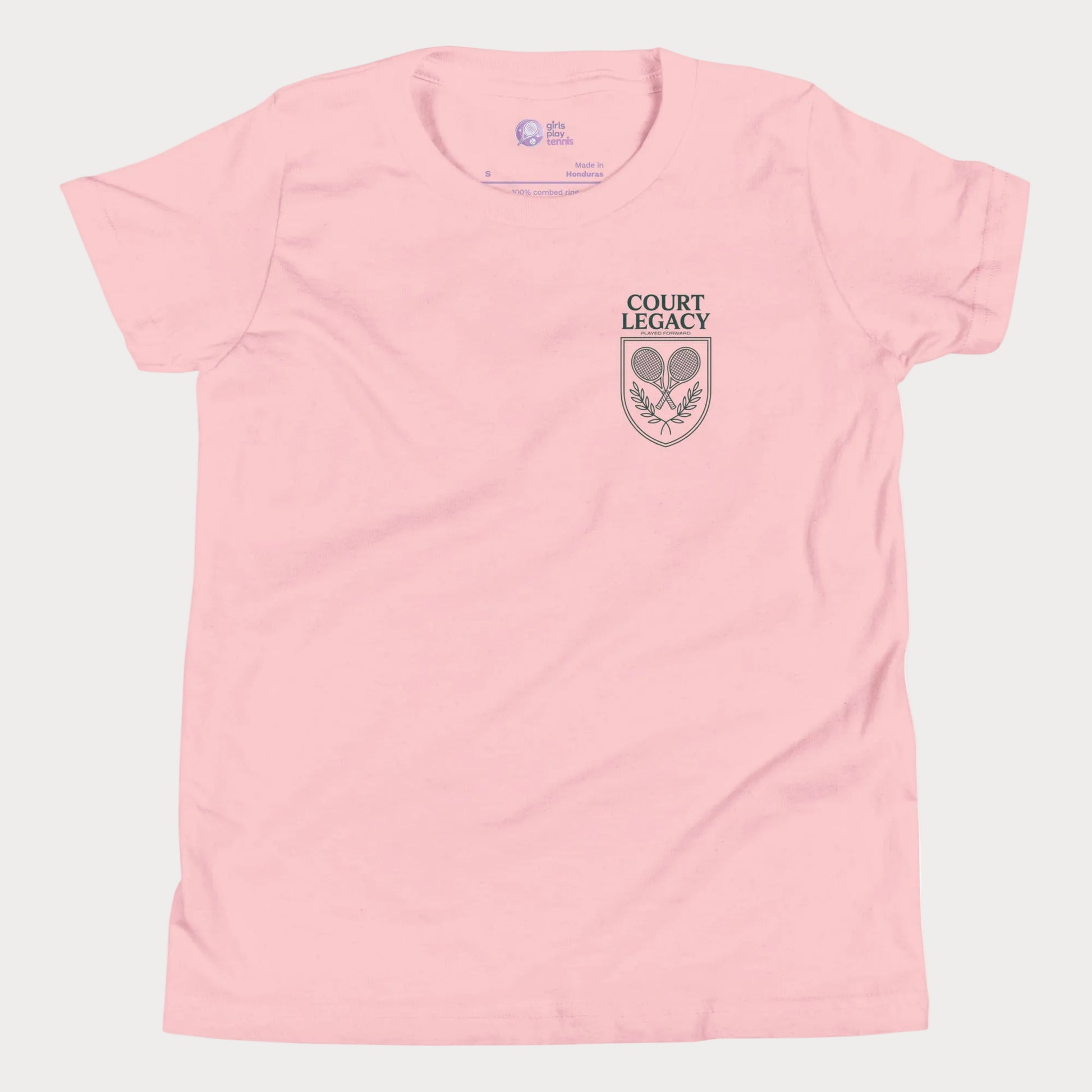 Court Legacy tennis t-shirt for girls and women in pink with green crest logo, premium minimalist tennis apparel