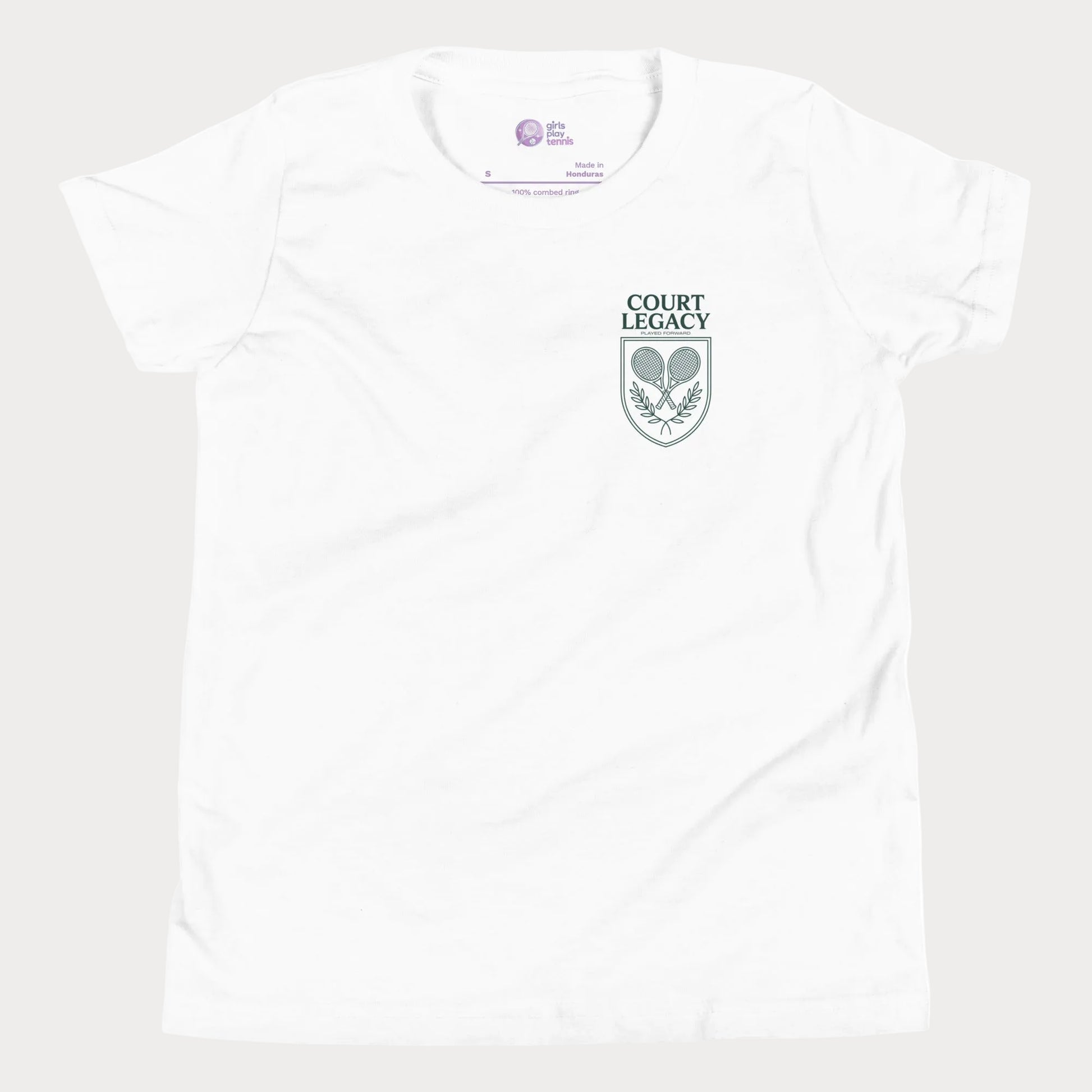 Court Legacy tennis t-shirt for girls and women in white with green crest logo, premium minimalist tennis apparel.