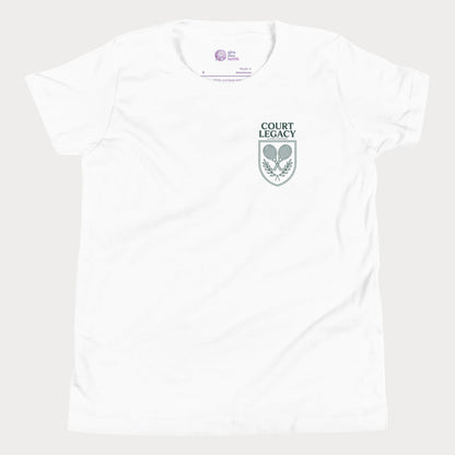 Court Legacy tennis t-shirt for girls and women in white with green crest logo, premium minimalist tennis apparel.