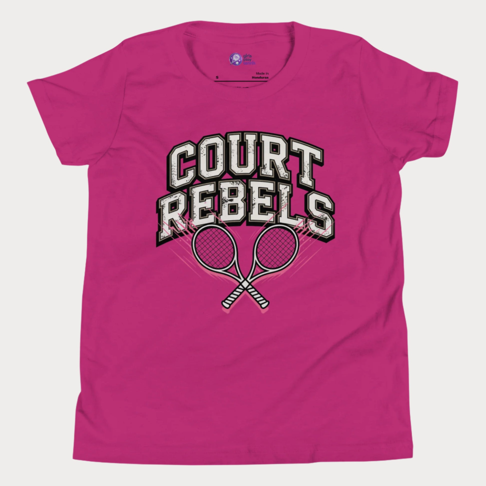 Berry girls’ tennis t-shirt with bold “Court Rebels” varsity text and two pink-streaked tennis rackets.