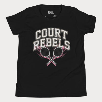 Black girls’ tennis t-shirt with bold “Court Rebels” varsity text and two pink-streaked tennis rackets.