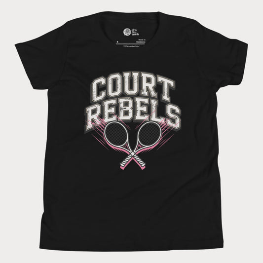 Black girls’ tennis t-shirt with bold “Court Rebels” varsity text and two pink-streaked tennis rackets.