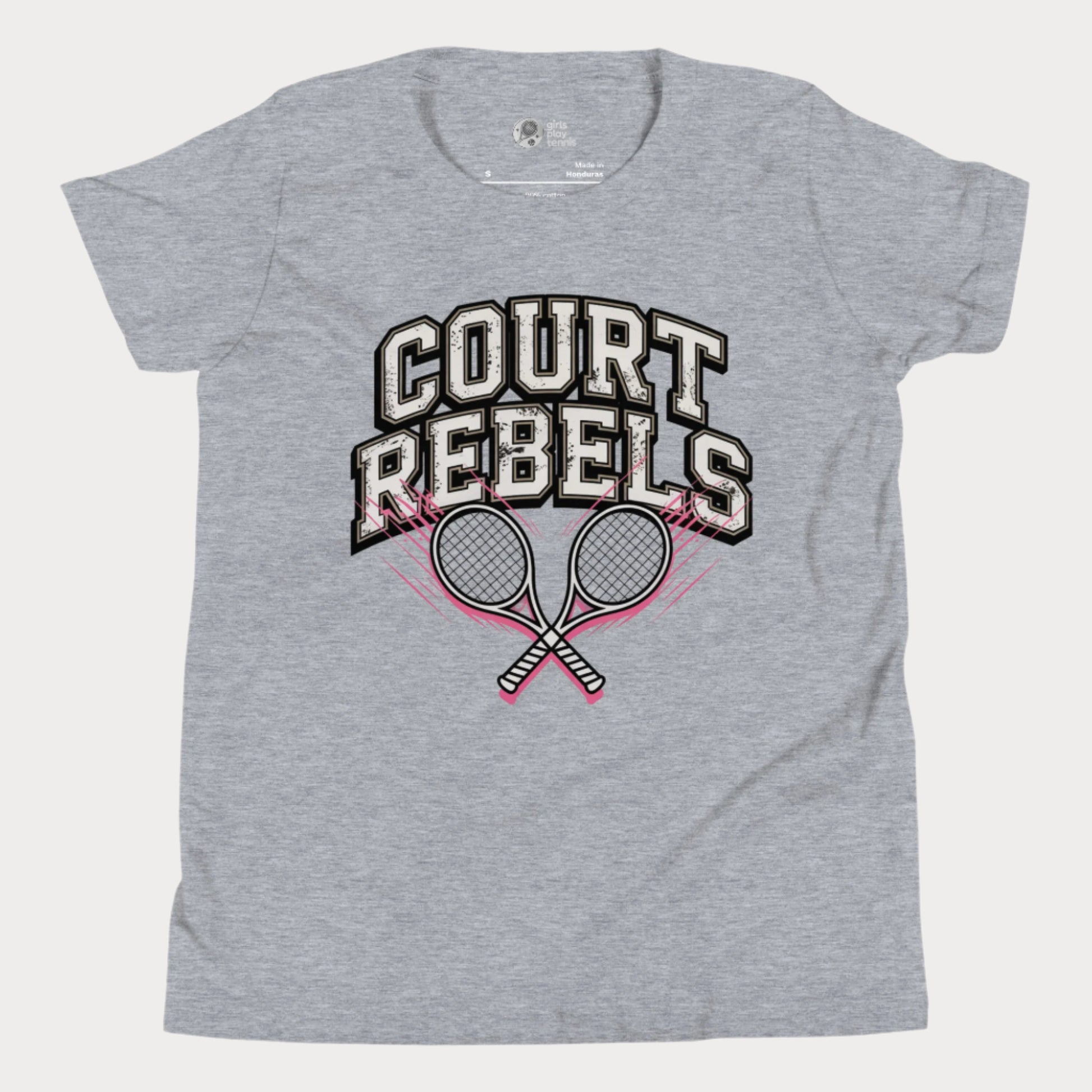 Grey girls’ tennis t-shirt with bold “Court Rebels” varsity text and two pink-streaked tennis rackets.