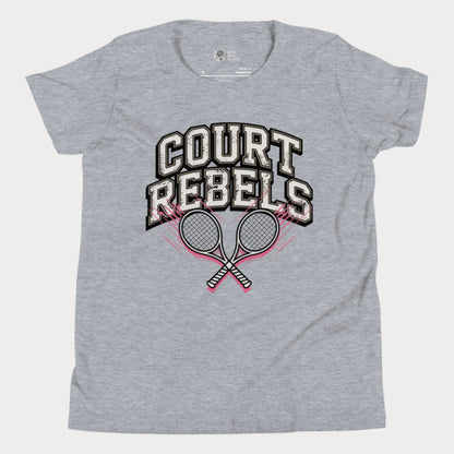 Grey girls’ tennis t-shirt with bold “Court Rebels” varsity text and two pink-streaked tennis rackets.
