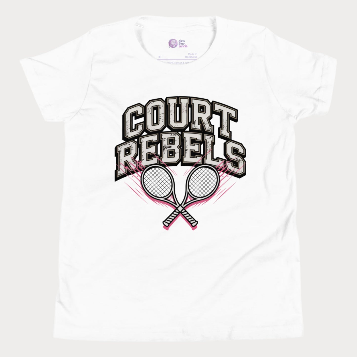 White girls’ tennis t-shirt with bold “Court Rebels” varsity text and two pink-streaked tennis rackets.