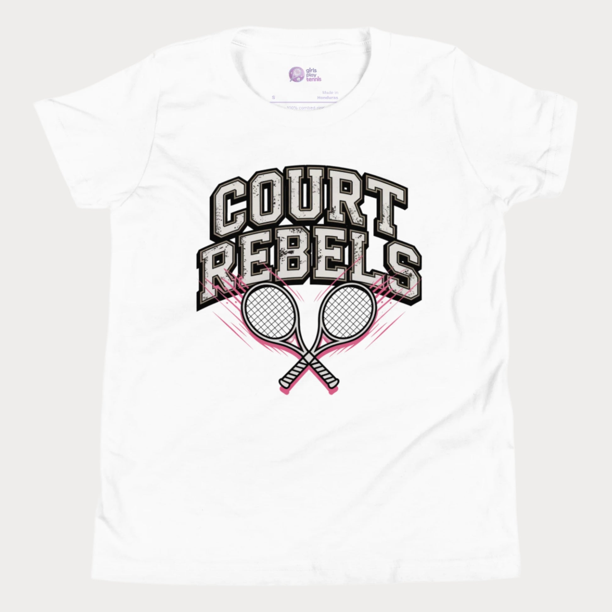 White girls’ tennis t-shirt with bold “Court Rebels” varsity text and two pink-streaked tennis rackets.