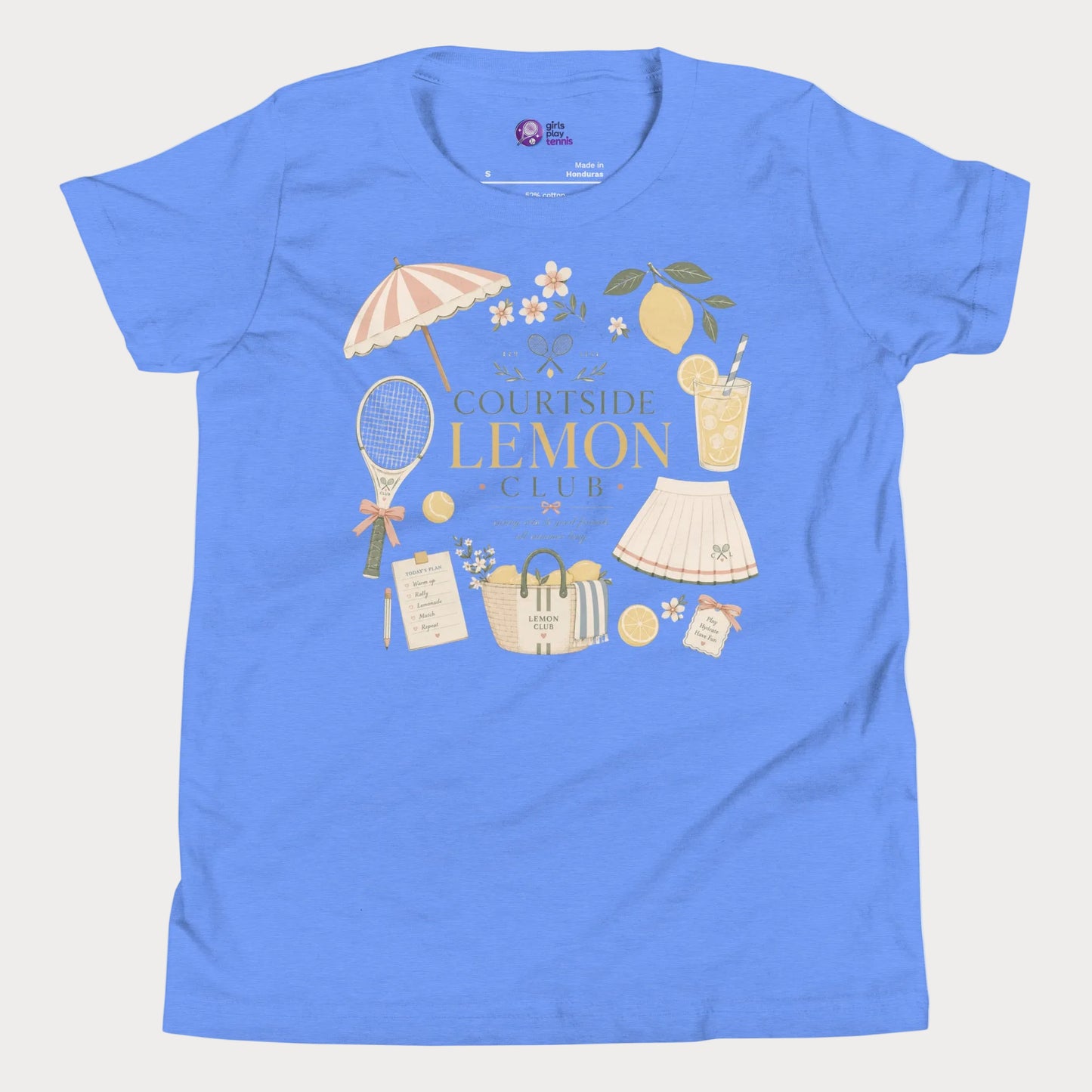 Blue girls tennis tee featuring lemon club artwork and vintage-inspired resort tennis styling