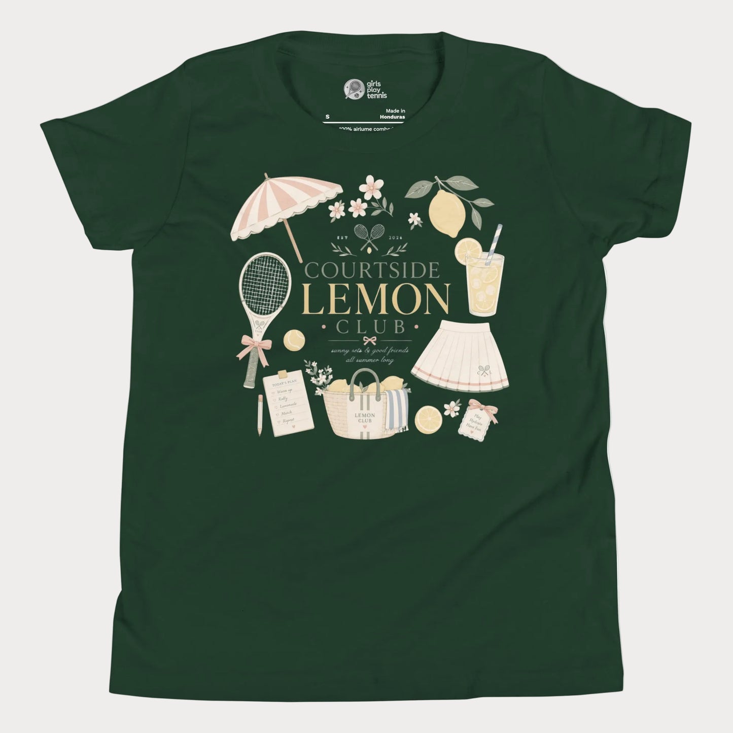 Forest green girls tennis tee featuring lemon club artwork and vintage-inspired resort tennis styling