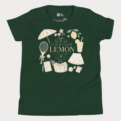 Forest green girls tennis tee featuring lemon club artwork and vintage-inspired resort tennis styling