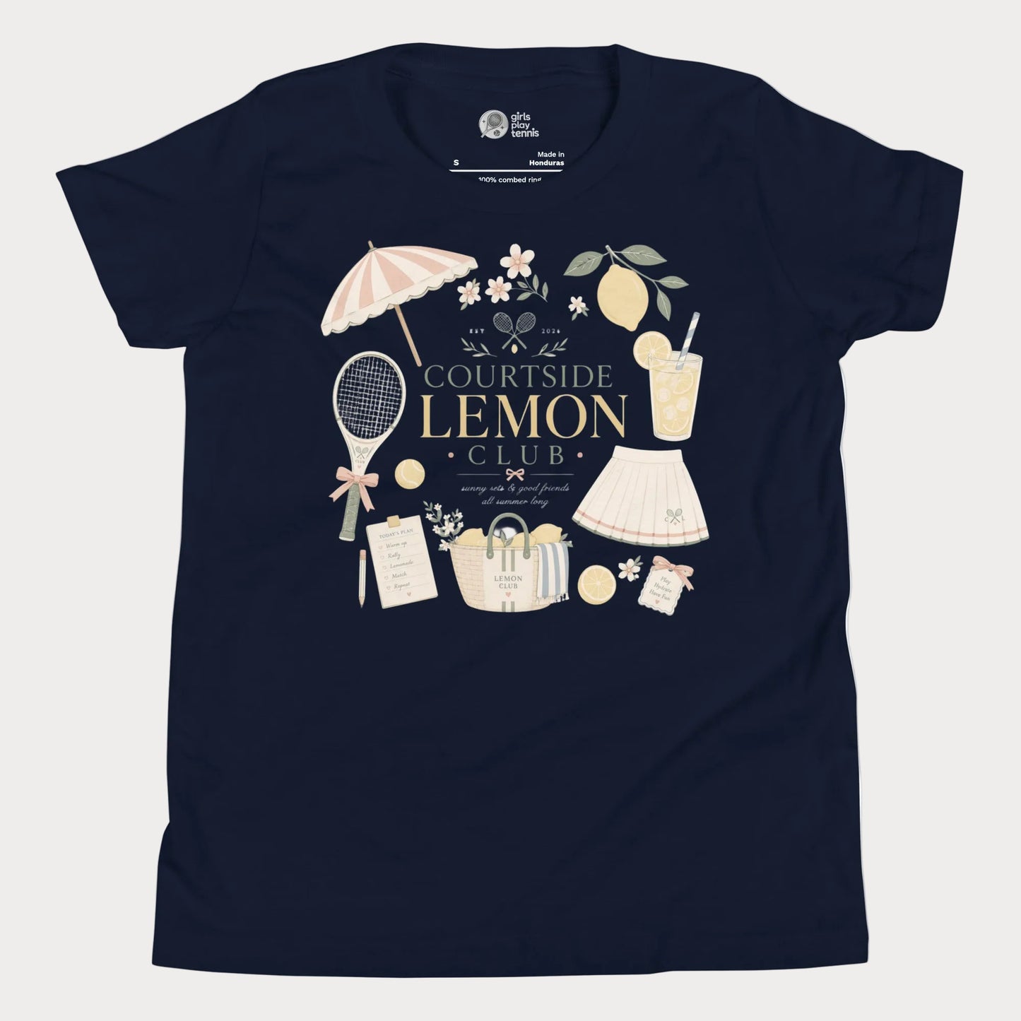 Navy girls tennis tee featuring lemon club artwork and vintage-inspired resort tennis styling
