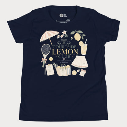Navy girls tennis tee featuring lemon club artwork and vintage-inspired resort tennis styling