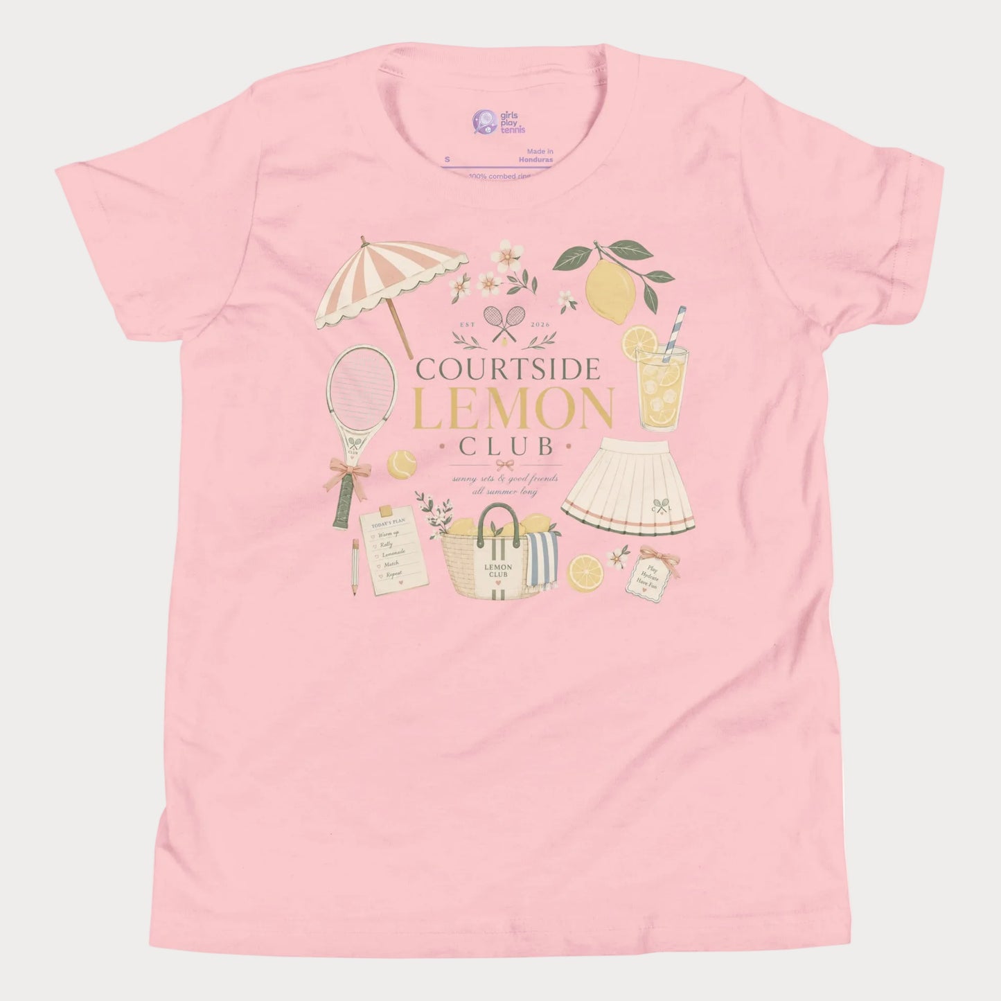Pink girls tennis tee featuring lemon club artwork and vintage-inspired resort tennis styling