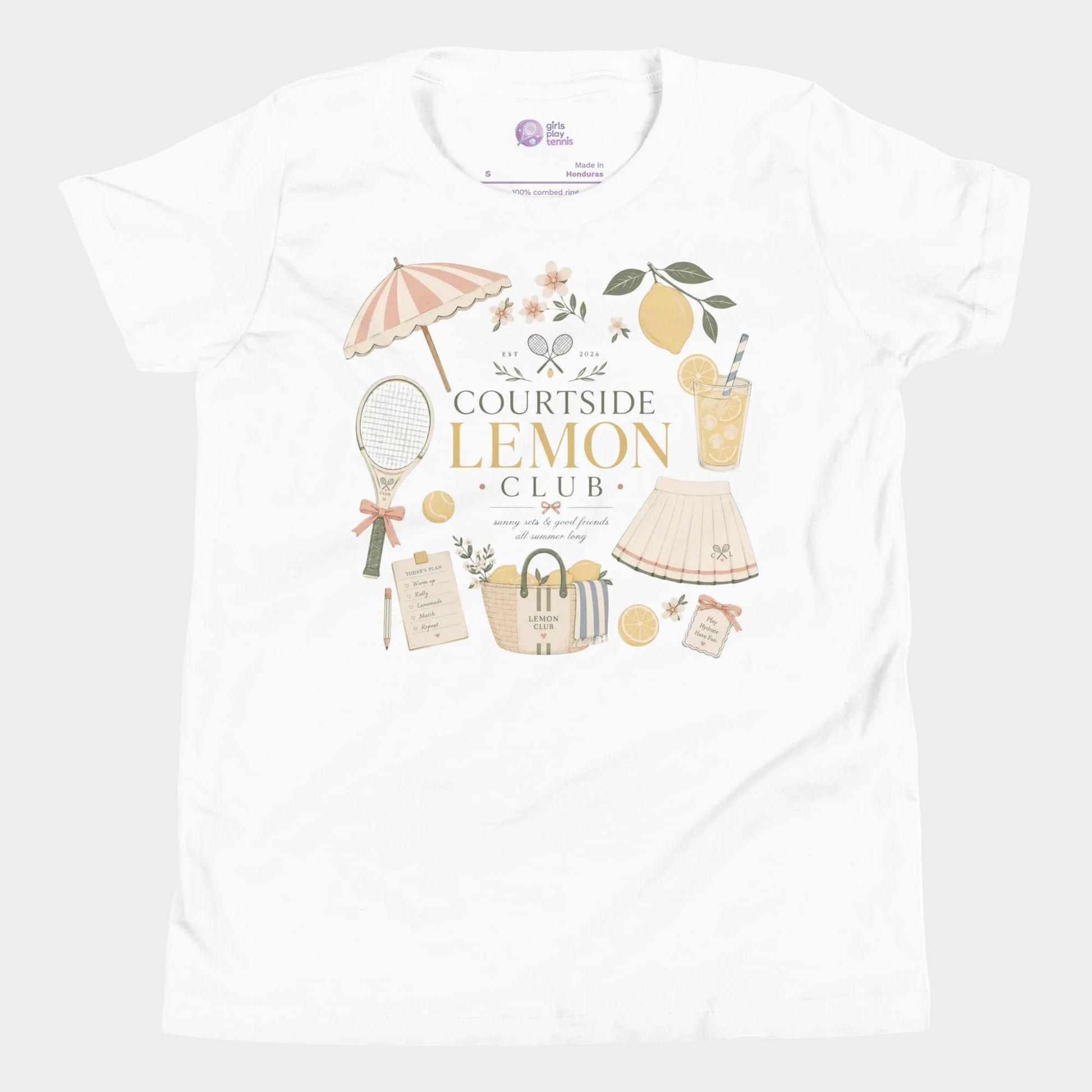 White girls tennis tee featuring lemon club artwork and vintage-inspired resort tennis styling