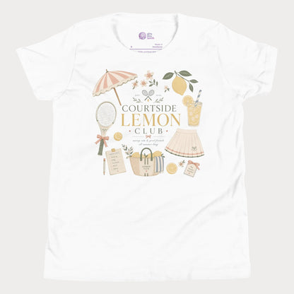 White girls tennis tee featuring lemon club artwork and vintage-inspired resort tennis styling