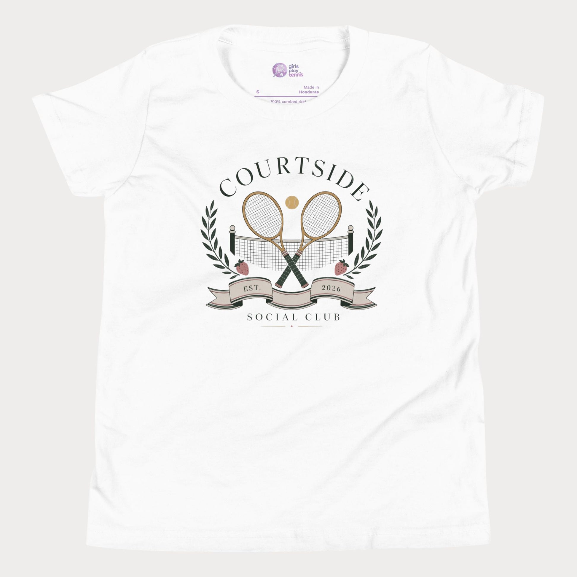 White t-shirt with 'Courtside Social Club' logo featuring tennis rackets and laurel leaves on a white background.