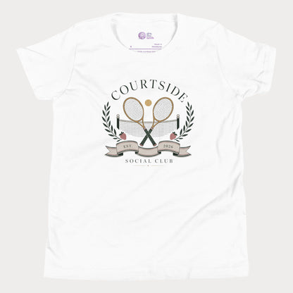 White t-shirt with 'Courtside Social Club' logo featuring tennis rackets and laurel leaves on a white background.