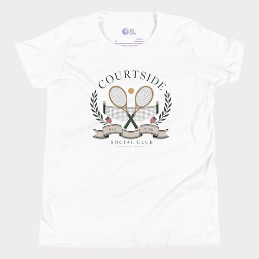 White t-shirt with 'Courtside Social Club' logo featuring tennis rackets and laurel leaves on a white background.