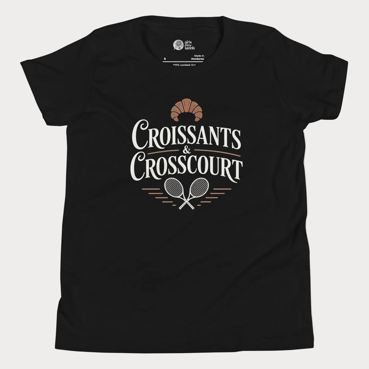 Croissants and Crosscourt girls and women’s tennis tee in black with typography and rackets graphic premium cotton shirt