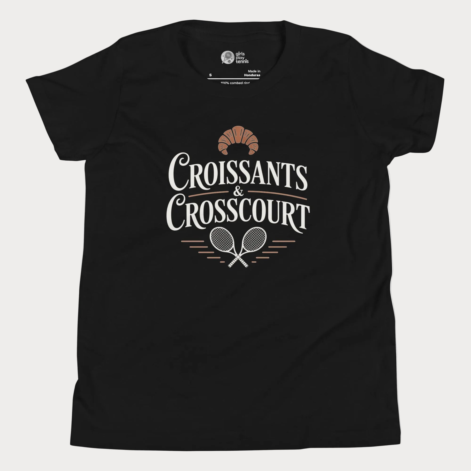 Croissants and Crosscourt girls and women’s tennis tee in black with typography and rackets graphic premium cotton shirt