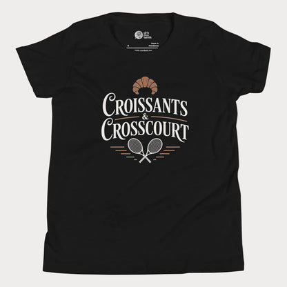 Croissants and Crosscourt girls and women’s tennis tee in black with typography and rackets graphic premium cotton shirt