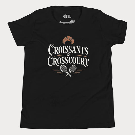 Croissants and Crosscourt girls and women’s tennis tee in black with typography and rackets graphic premium cotton shirt