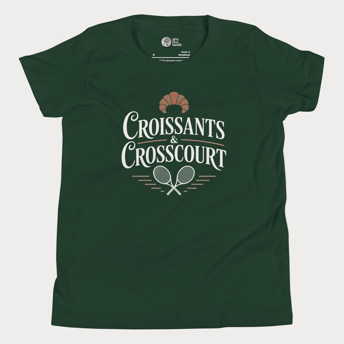 Croissants and Crosscourt girls and women’s tennis tee in forest green with typography and rackets graphic premium cotton shirt