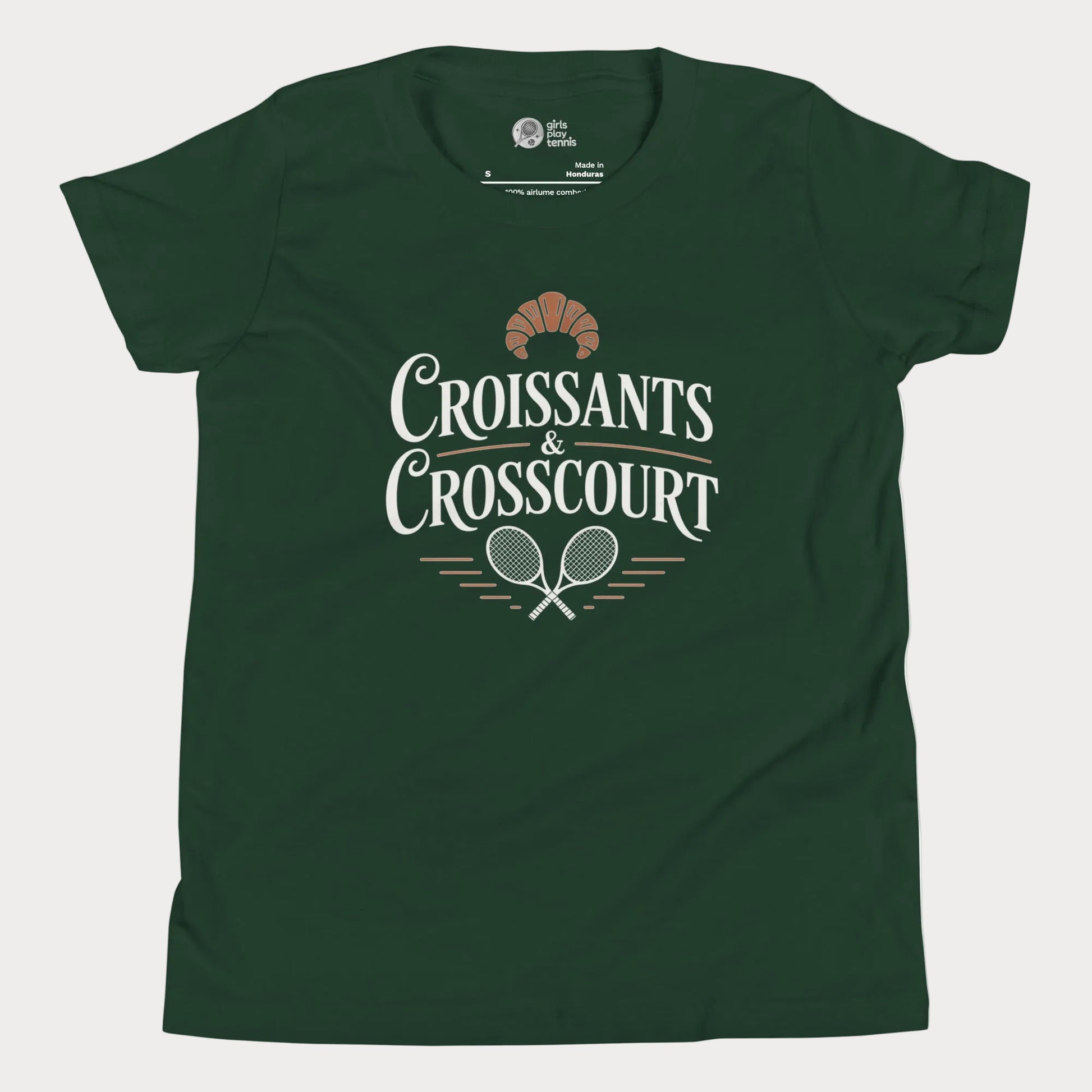 Croissants and Crosscourt girls and women’s tennis tee in forest green with typography and rackets graphic premium cotton shirt