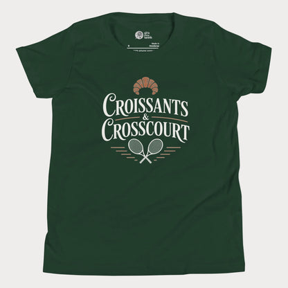 Croissants and Crosscourt girls and women’s tennis tee in forest green with typography and rackets graphic premium cotton shirt