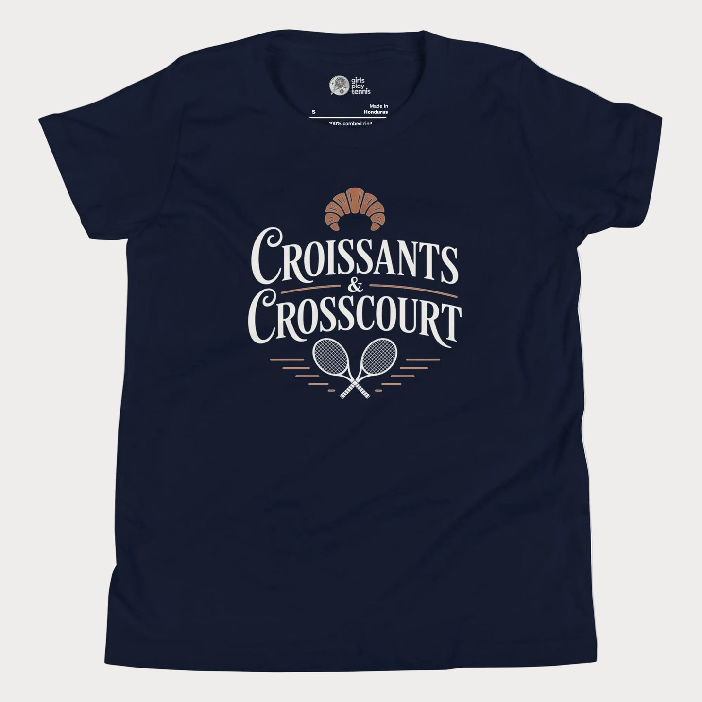 Croissants and Crosscourt girls and women’s tennis tee in navy with typography and rackets graphic premium cotton shirt
