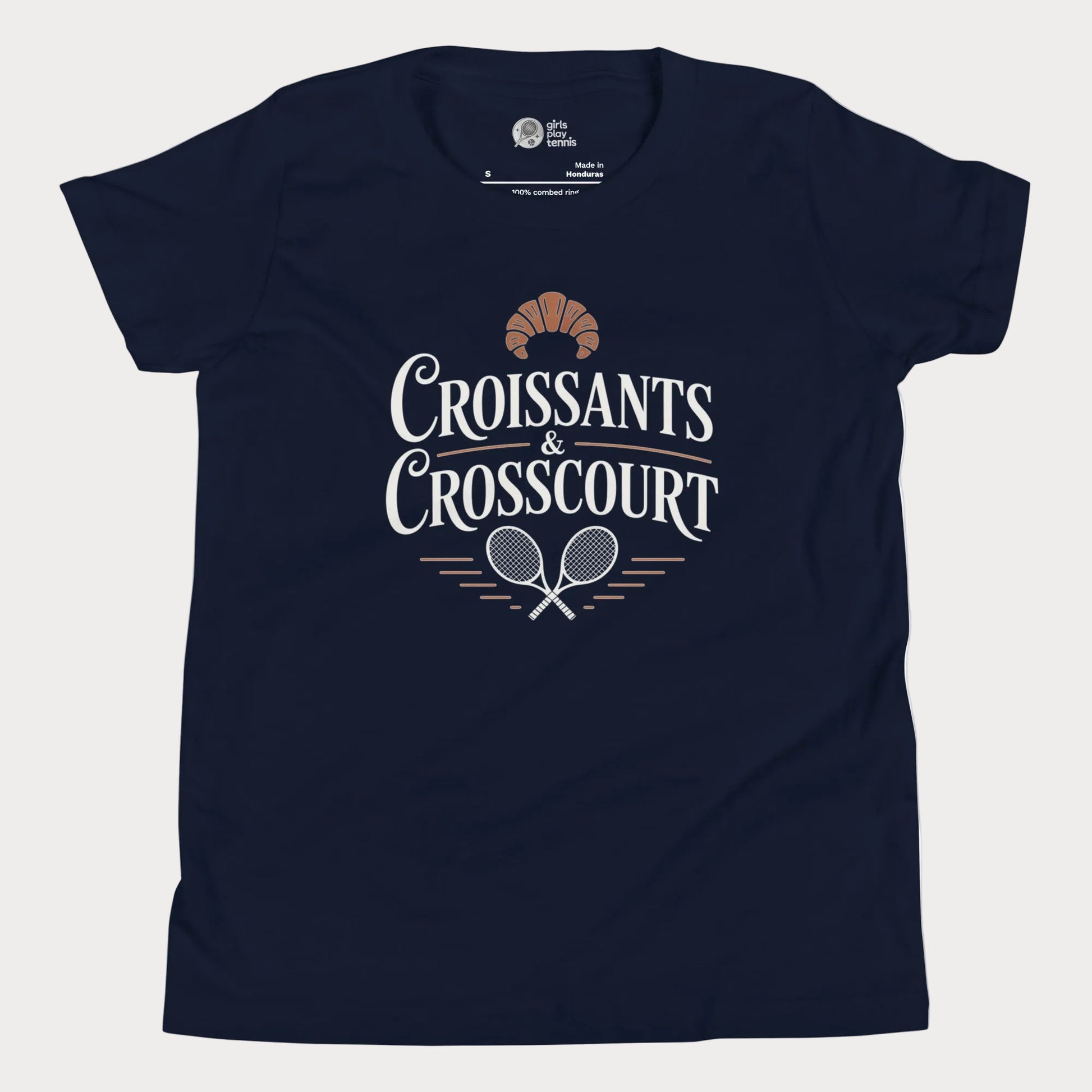 Croissants and Crosscourt girls and women’s tennis tee in navy with typography and rackets graphic premium cotton shirt