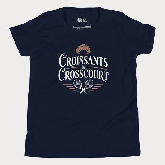 Croissants and Crosscourt girls and women’s tennis tee in navy with typography and rackets graphic premium cotton shirt