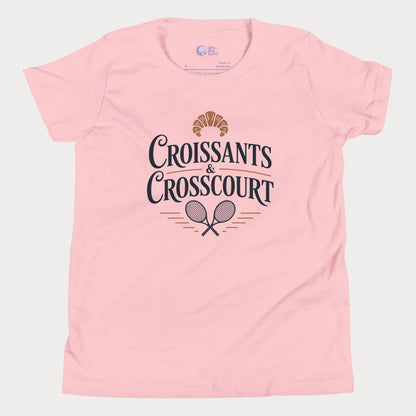 Croissants and Crosscourt girls and women’s tennis tee in pink with typography and rackets graphic premium cotton shirt
