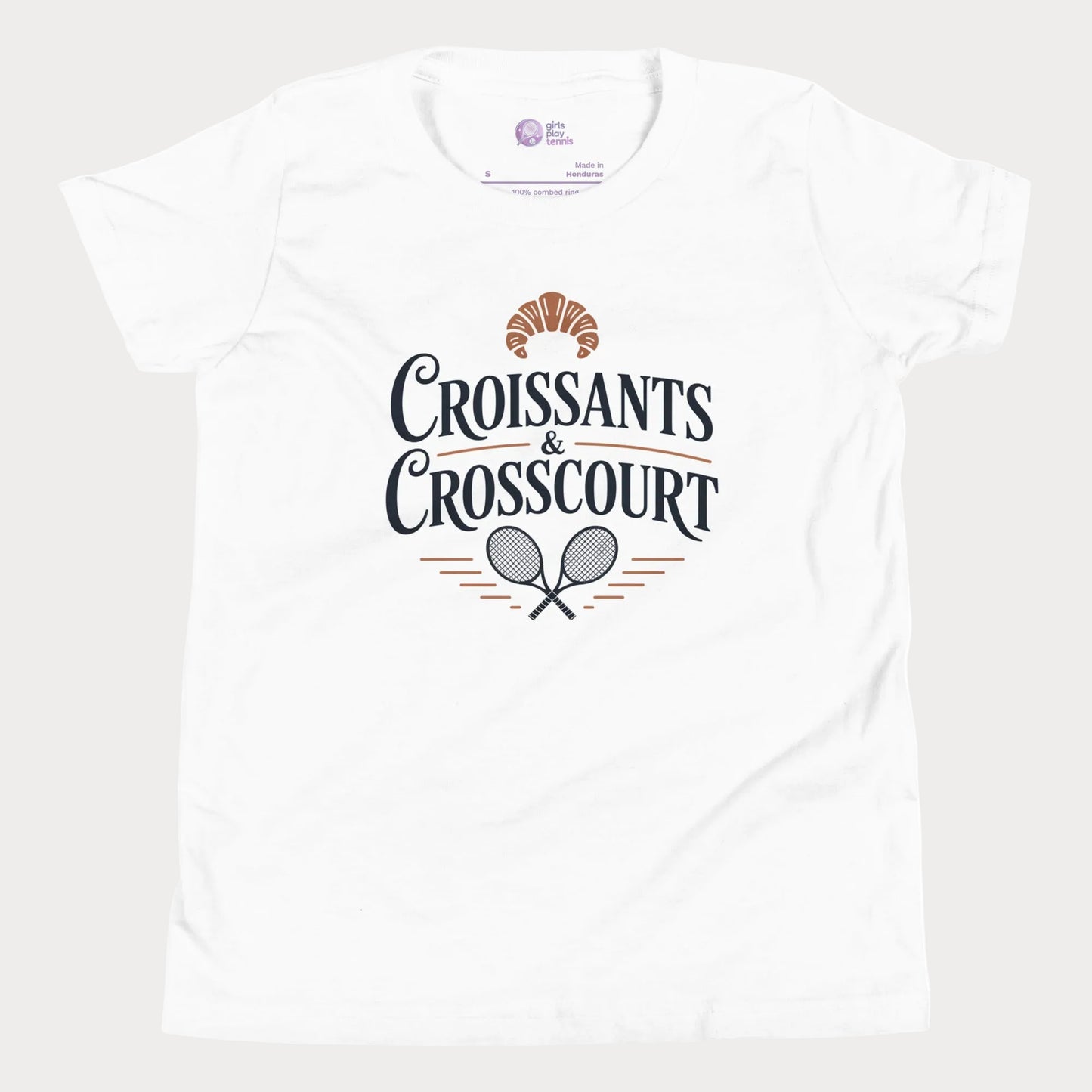 Croissants and Crosscourt girls and women’s tennis tee in white with typography and rackets graphic premium cotton shirt