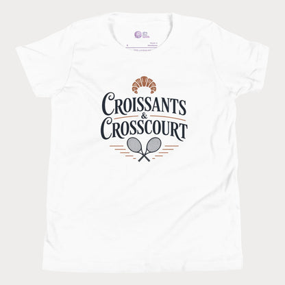 Croissants and Crosscourt girls and women’s tennis tee in white with typography and rackets graphic premium cotton shirt