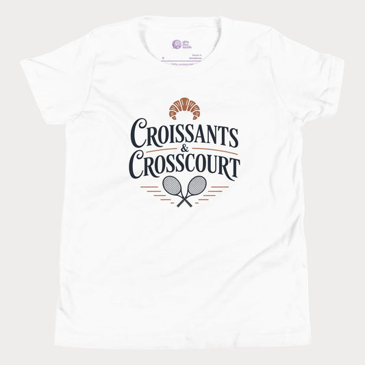 Croissants and Crosscourt girls and women’s tennis tee in white with typography and rackets graphic premium cotton shirt