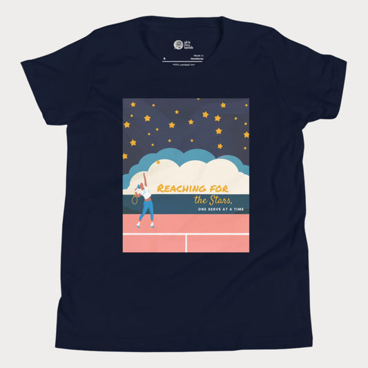 Navy girls' tennis T-shirt featuring a motivational design of a young girl serving on a tennis court under a starry sky, with the phrase "Reaching for the Stars, One Serve at a Time." Perfect for young tennis players who dream big.