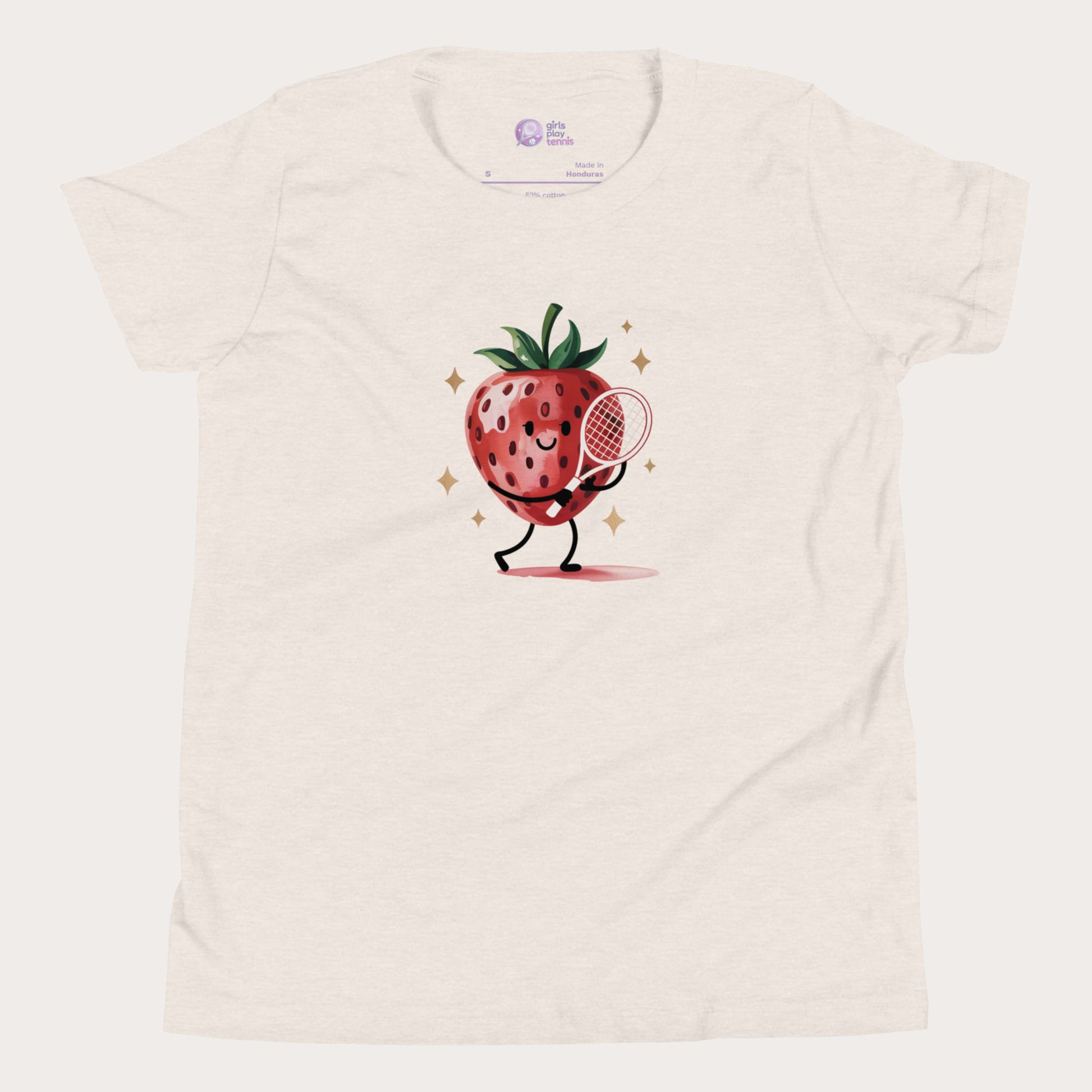 Beige girls tennis t-shirt with cartoon strawberry holding a tennis racket – Strawberry Backhand design