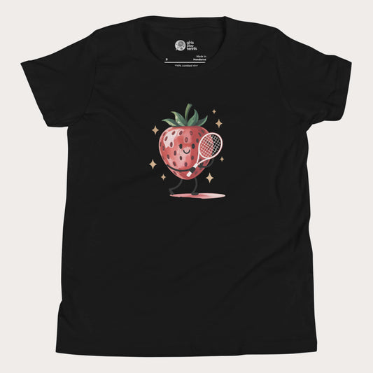 Black girls tennis t-shirt with cartoon strawberry holding a tennis racket – Strawberry Backhand design