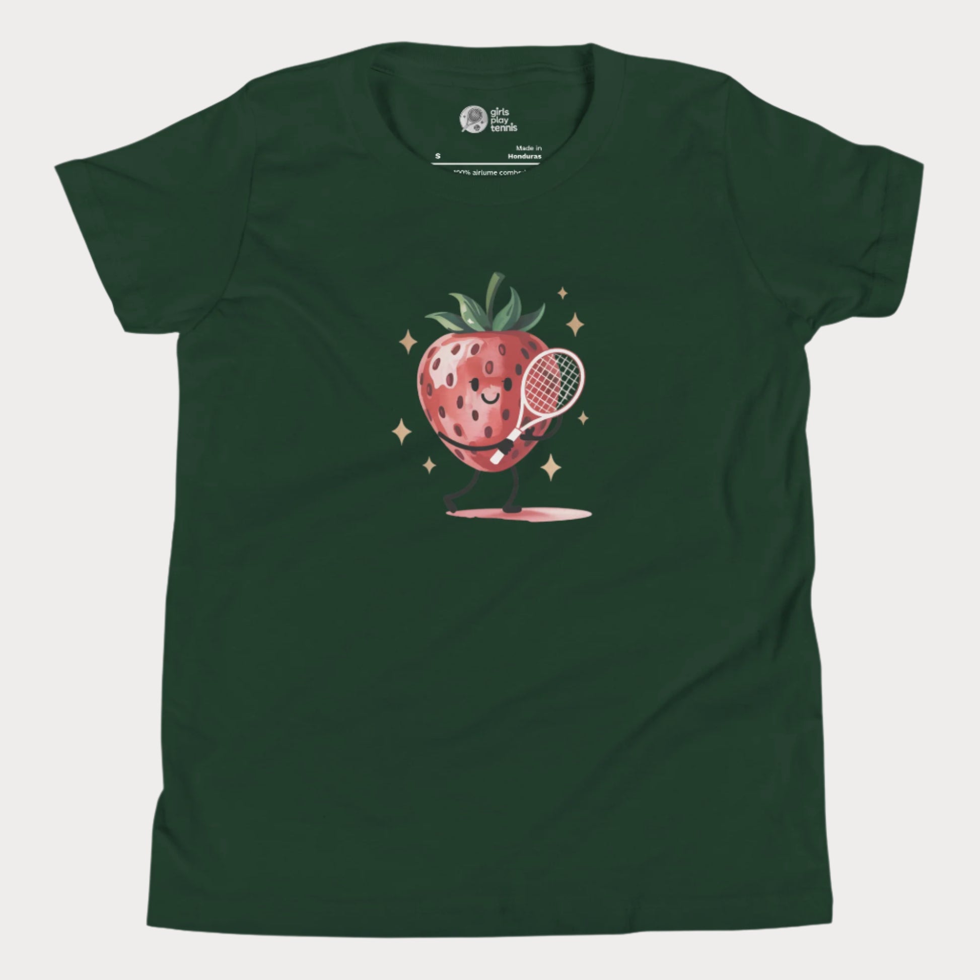 Green girls tennis t-shirt with cartoon strawberry holding a tennis racket – Strawberry Backhand design