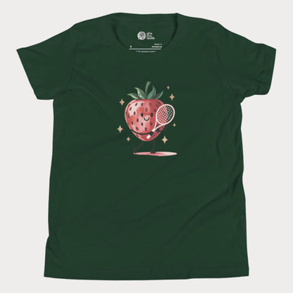 Green girls tennis t-shirt with cartoon strawberry holding a tennis racket – Strawberry Backhand design