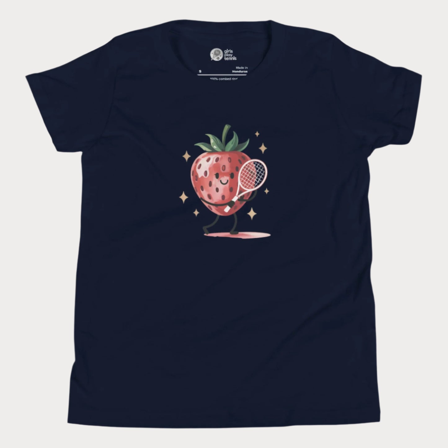 Navy girls tennis t-shirt with cartoon strawberry holding a tennis racket – Strawberry Backhand design