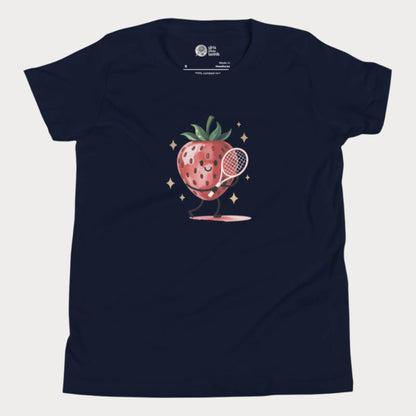 Navy girls tennis t-shirt with cartoon strawberry holding a tennis racket – Strawberry Backhand design